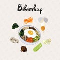 IIllustration for recipe bibimbap. Asian cuisine. Set of ingredients for cooking bibimbap