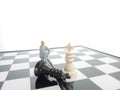 Iillustration for photo War, battle or politic situation concept, 2 standing mini figure, negoitation or debate beyond chess