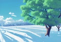 Illustration of a Winter Wonderland with a Solitary green Tree, Blue sky with white clouds
