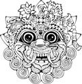 Iilustration of a Thai mask. Black and white drawing of the eastern deity