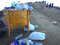 Ijen, East Java, Indonesia - July 24 2018: Pile of garbage on the mountain dominated by plastic bottles