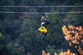 Fun, adrenaline and adventure on the zip line. Teenager having fun on a zipline on panoramic forest background Royalty Free Stock Photo