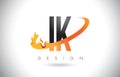 IK I K Letter Logo with Fire Flames Design and Orange Swoosh.