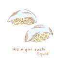 Ika nigiri sushi with squid in the form of a collection and in three quarters on a white background