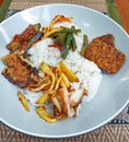 Ikan Gourame Goreng with Sambal Mangga, Terong Balado and Tempe Goreng