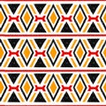 Ikat damask seamless pattern. Black, red, yellow elements on a w