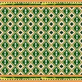 Ikat embroidery pattern with geometric seamless white lines and green stripes on green background