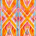 Ikat geometric red and orange authentic pattern in watercolour style. Watercolor seamless .