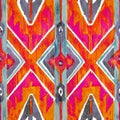 Ikat geometric red and orange authentic pattern in watercolour style. Watercolor seamless .