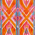 Ikat geometric red and orange authentic pattern in watercolour style. Watercolor seamless .