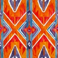 Ikat geometric red and orange authentic pattern in watercolour style. Watercolor seamless .