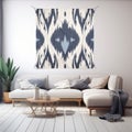 Ikat Rug: Dark Blue And Light Beige In A Calm And Meditative Living Room