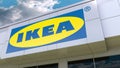 Ikea logo on the modern building facade. Editorial 3D rendering