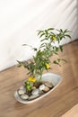 Ikebana art. Beautiful yellow flowers and green branches on wooden table, above view