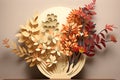 Ikebana japanese flower art. Beautiful flower composition on the table with colourful background