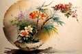 Ikebana japanese flower art. Beautiful flower composition on the table with colourful background