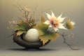 Ikebana japanese flower art. Beautiful flower composition on the table with colourful background