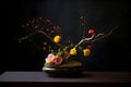 Ikebana japanese flower art. Beautiful flower composition on the table with colourful background