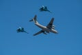 IL-76 aircraft with two su-27 fighters of ukrainian army flying  in blue sky under the Kiev during the parade on the occasion of 3 Royalty Free Stock Photo