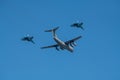 IL-76 aircraft with two su-27 fighters of ukrainian army flying  in blue sky under the Kiev during the parade on the occasion of 3 Royalty Free Stock Photo