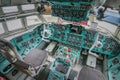 IL-62 cockpit. Aircraft interior, cockpit view inside the airliner. View from pilot place in a plane