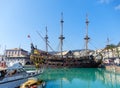 Il Galeone Neptune pirate ship in Genoa Porto Antico Old harbor, Italy.