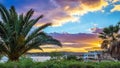 Il-Mellieha, Malta - Beautiful sunset scene at Mellieha beach with palm trees Royalty Free Stock Photo