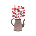 Ilex branches in kettle hand drawn vector illustration. Twigs with red berries in pot isolated on white background