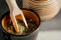 Ilex paraguariensis, Yerba Mate Green tea leaves macro shot.