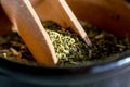 Ilex paraguariensis, Yerba Mate Green tea leaves macro shot.