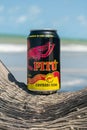 A Pitu can at the beach - Pitu is an alcoholic beverage popular in Brazil