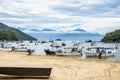 Ilha Grande, Brazil - Jan 28, 2024: Abraao beach on big island Ilha Grande in Angra dos Reis, Rio de Janeiro, Brazil