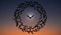 Ilhouetted bats form a circular pattern around a full moon in Royalty Free Stock Photo