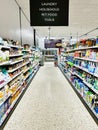 Interior of a shop with food shopping aisle in a Booths Supermarket in Ilkley.