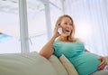 Ill be needing lots of babysitters so prepare yourself. a pregnant woman talking on a cellphone at home.