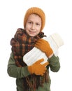 Ill boy with hot water bottle suffering from cold on white background Royalty Free Stock Photo