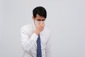 Businessman man feeling sick, sneezing coughing wearing protective mask against cold flu virus bacteria infection pollution Royalty Free Stock Photo