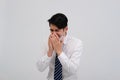 Businessman man feeling sick, sneezing coughing wearing protective mask against cold flu virus bacteria infection pollution Royalty Free Stock Photo