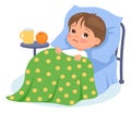 Ill child. Kids illnesses. Injuries and ailments. Sick boy lying in bed under blanket. Cold and fever. Unwell baby