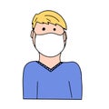 Ill man with medical mask in blue shirt isolated on white background. Vector illustration in cartoon doodle style. Patient with