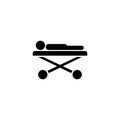 Ill Patient Lying on Medical Roller Bed. Flat Vector Icon illustration. Simple black symbol on white background. Ill Patient Lying