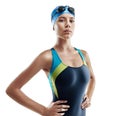 Ill take on all challengers. Cropped portrait of a young female swimmer isolated on white. Royalty Free Stock Photo