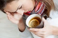 Ill woman drinking tea Royalty Free Stock Photo