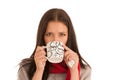 Ill woman drinks tea isolated over white background Royalty Free Stock Photo