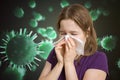 Ill woman has flu and is sneezing. Many viruses and germs flying around Royalty Free Stock Photo