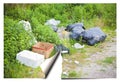 Illegal dumping with bottles, boxes and plastic bags abandoned in nature - concept imega with ripped photo