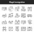 Illegal immigration color line icons set.