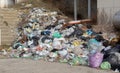 Illegal landfill of household garbage. People throw their household rubbish in illegal dumps. Abandoned plastic trash, plastic