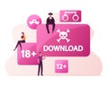 Illegal Pirate Content Free Download Concept. Characters at Huge Pc Buttons with Jolly Roger Transfer and Sharing Files