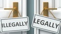 Illegally or legally as a choice in life - pictured as words Illegally, legally on doors to show that Illegally and legally are